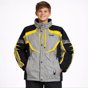 Youth Spyder Jacket Boys 16 Gray Black Yellow Ski Snowboard Winter Coat Warm
